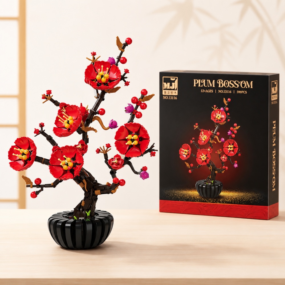 Bonsai Garden Lego - 新しい梅の花盆栽モデルブロック、599個の詳細な花束セット、永遠の植物ブリック、DIYホームデコレーションギフト