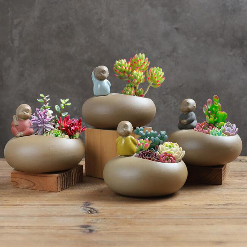 Bonsai Garden Art - 中国風のレトロセラミック僧侶植木鉢多肉植物ポット盆栽花瓶デスクトップ装飾品ガーデンアート家の装飾
