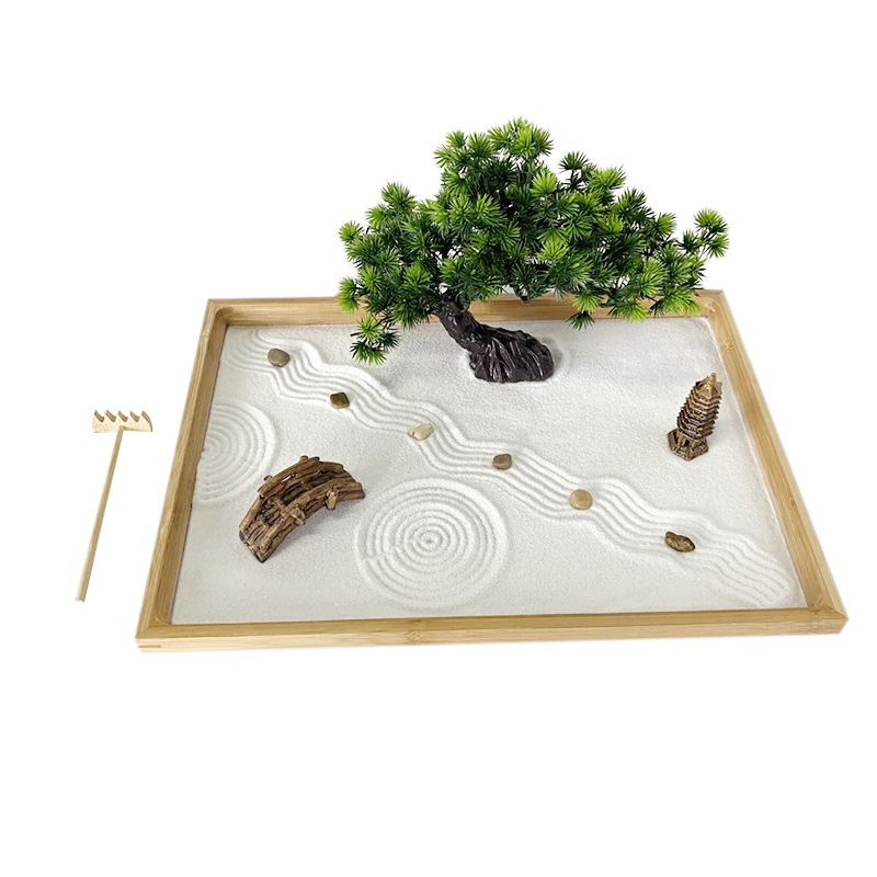 Bonsai Tree Zen Garden - 白い砂を使った卓上禅庭、人工盆栽、石、熊手、ギフト、砂キット、オフィス装飾