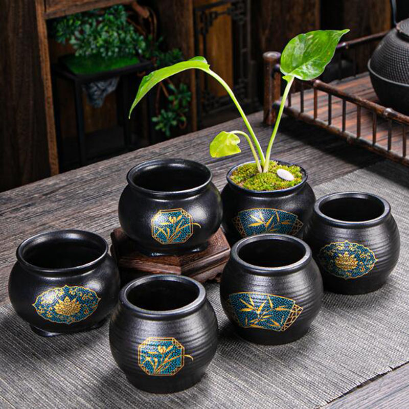Bonsai Garden Art - 中国風セラミックフラワーポット盆栽花瓶黒色植木鉢通気性のある植物容器ガーデンアート家の装飾