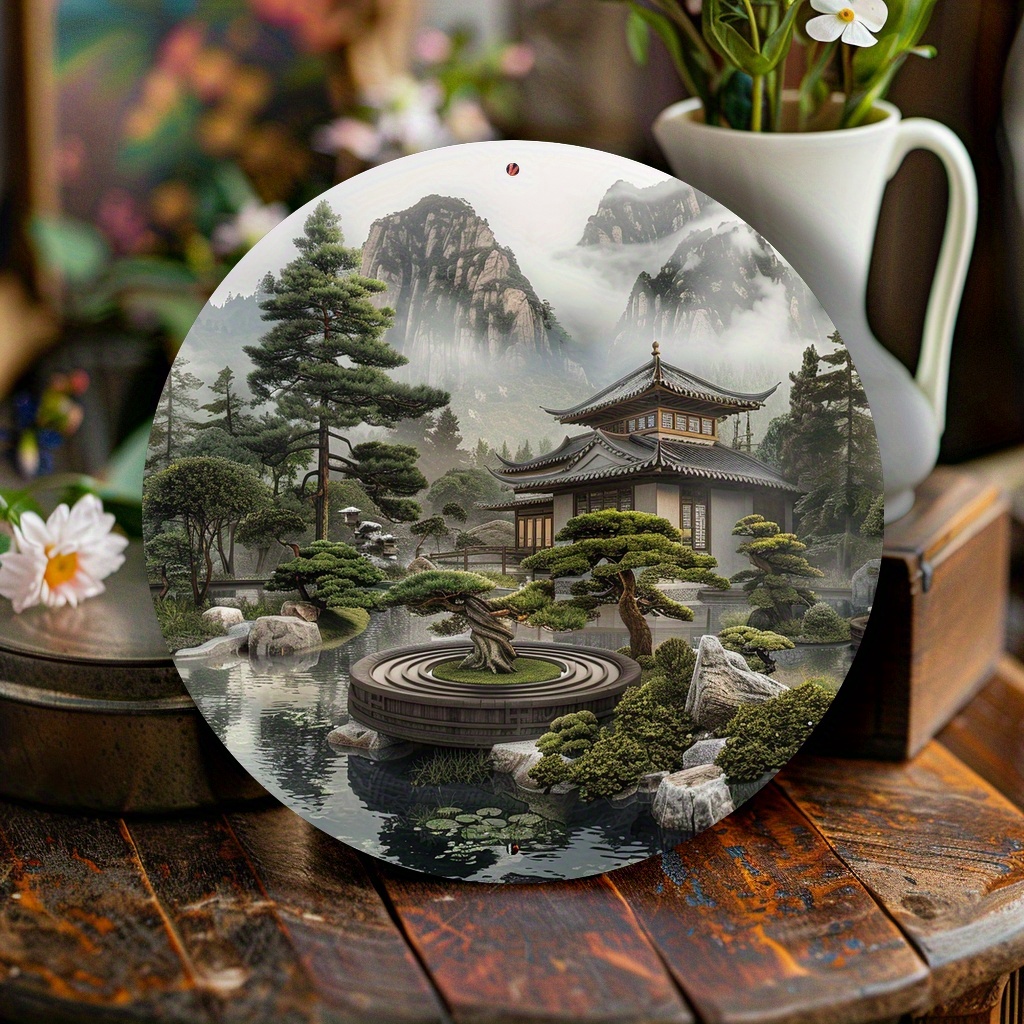 静かな日本の禅庭の丸い金属製サイン、2Dフラットプリントの霧 - Bonsai Tree Zen Garden のレビューと価格