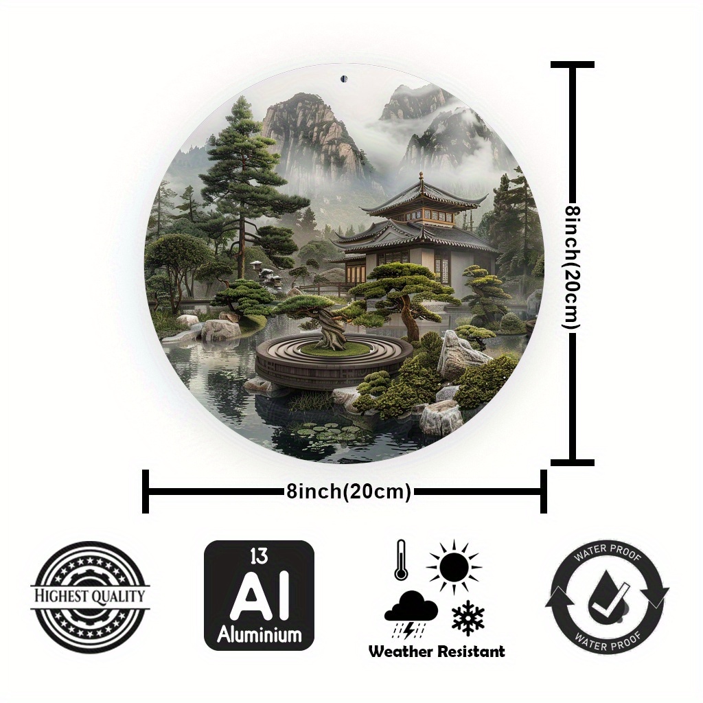 静かな日本の禅庭の丸い金属製サイン、2Dフラットプリントの霧 - Bonsai Tree Zen Garden のレビューと価格