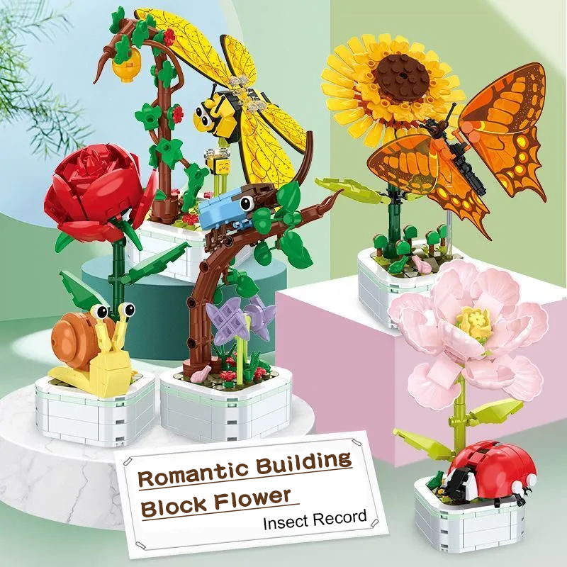 DIY ミニ蝶昆虫鉢植え盆栽フラワーブロックローズ装飾ビルデ - Bonsai Garden Lego のレビューと価格
